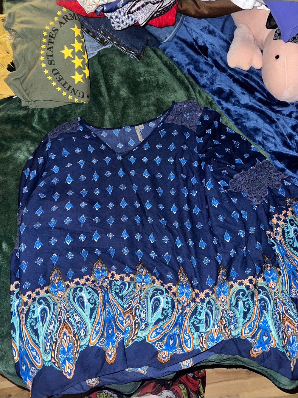 adidas Navy Paisley-Trim V-Neck Blouse with Teal Accents